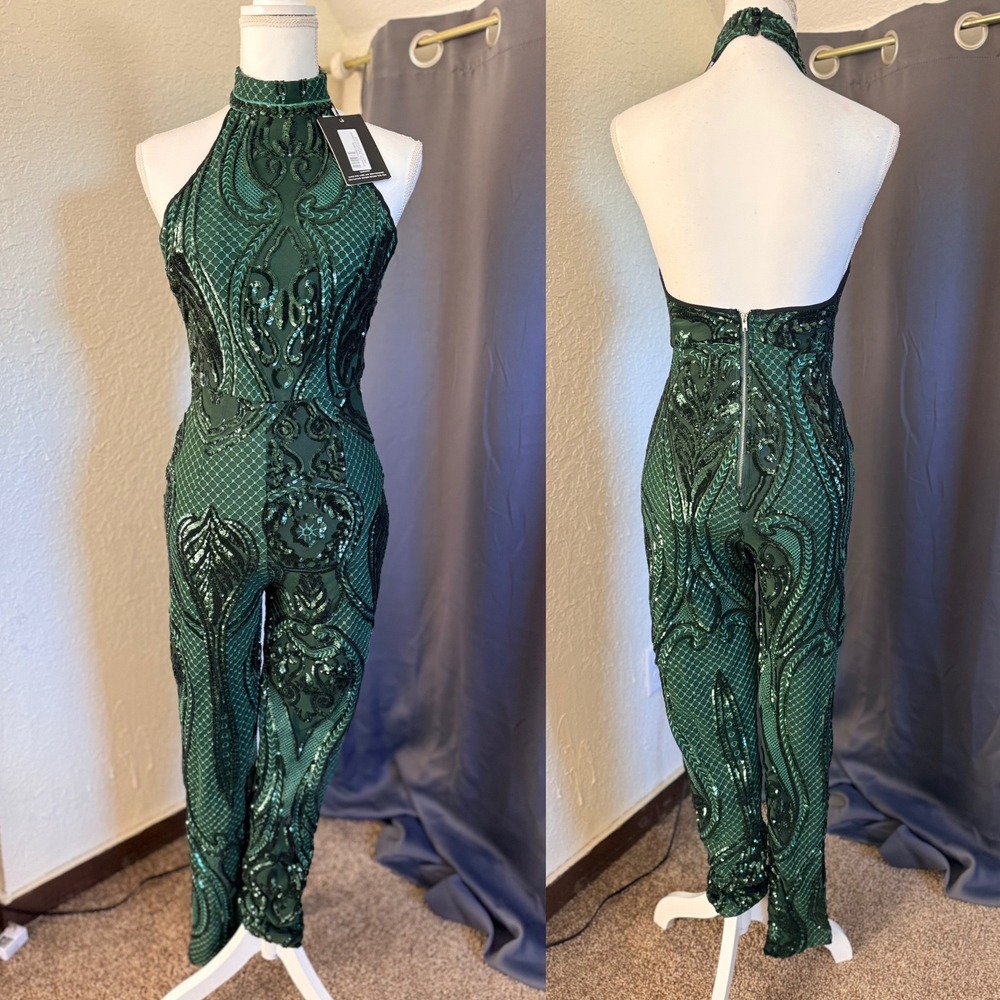 PrettyLittleThing Emerald Green Sequin Halter Jumpsuit